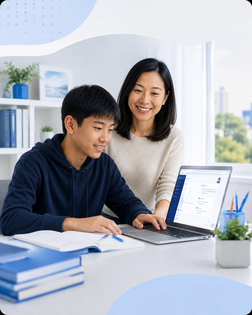 A secondary school student learning on a laptop with his mother beside him.
