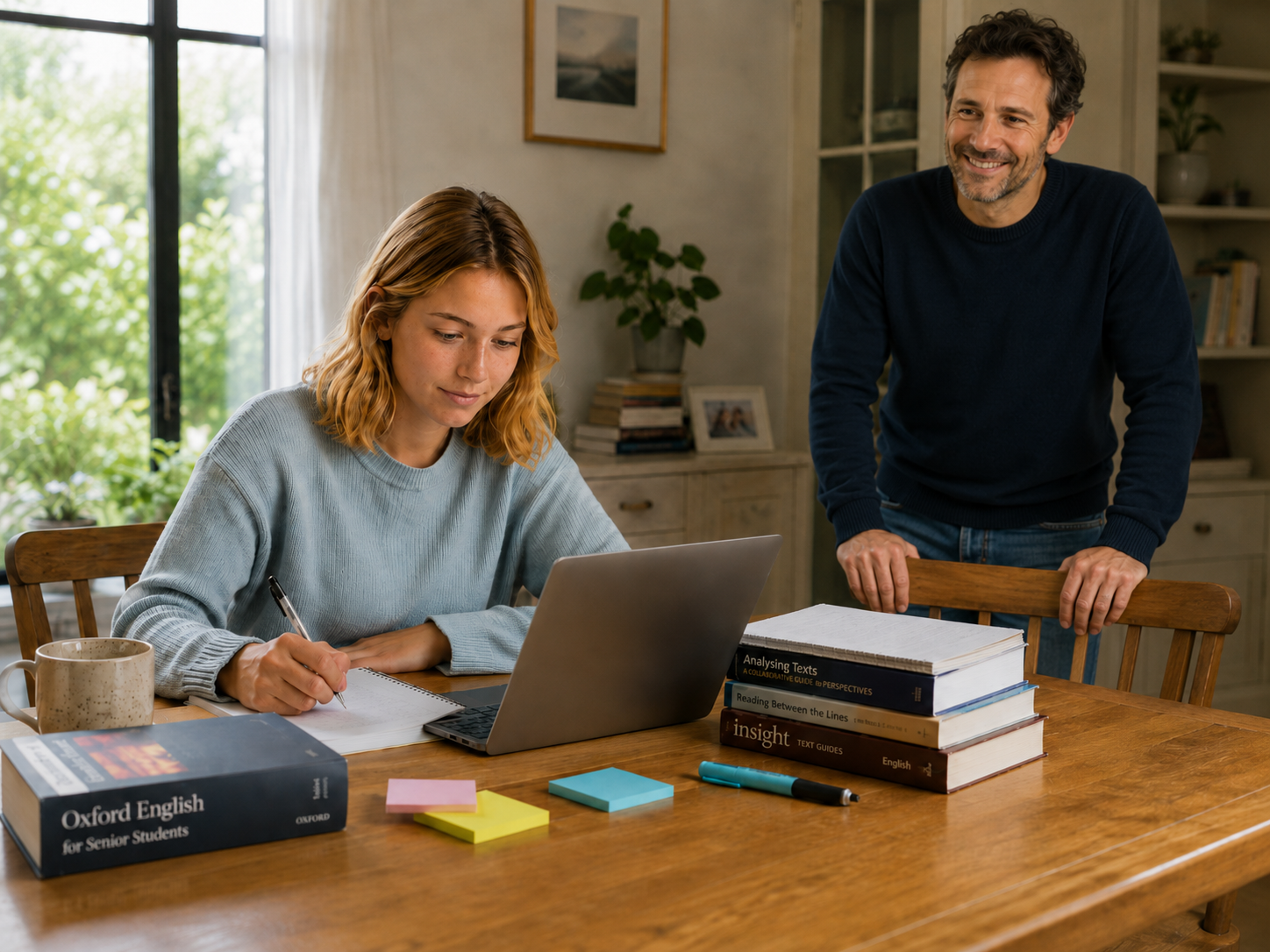 A Year 12 student studying senior English on a laptop with her father nearby.