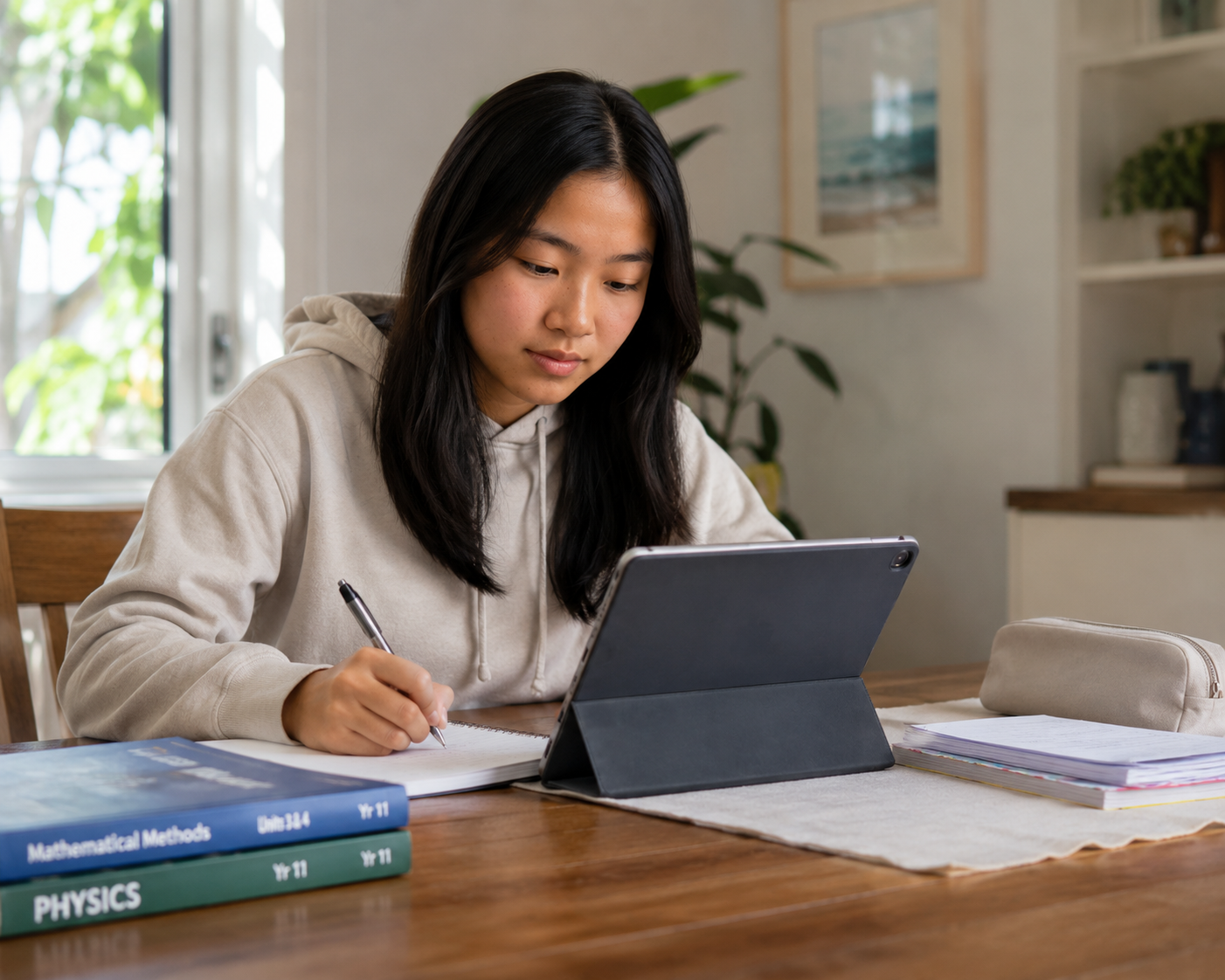 A Year 10 student studying with a tablet and writing notes at home.